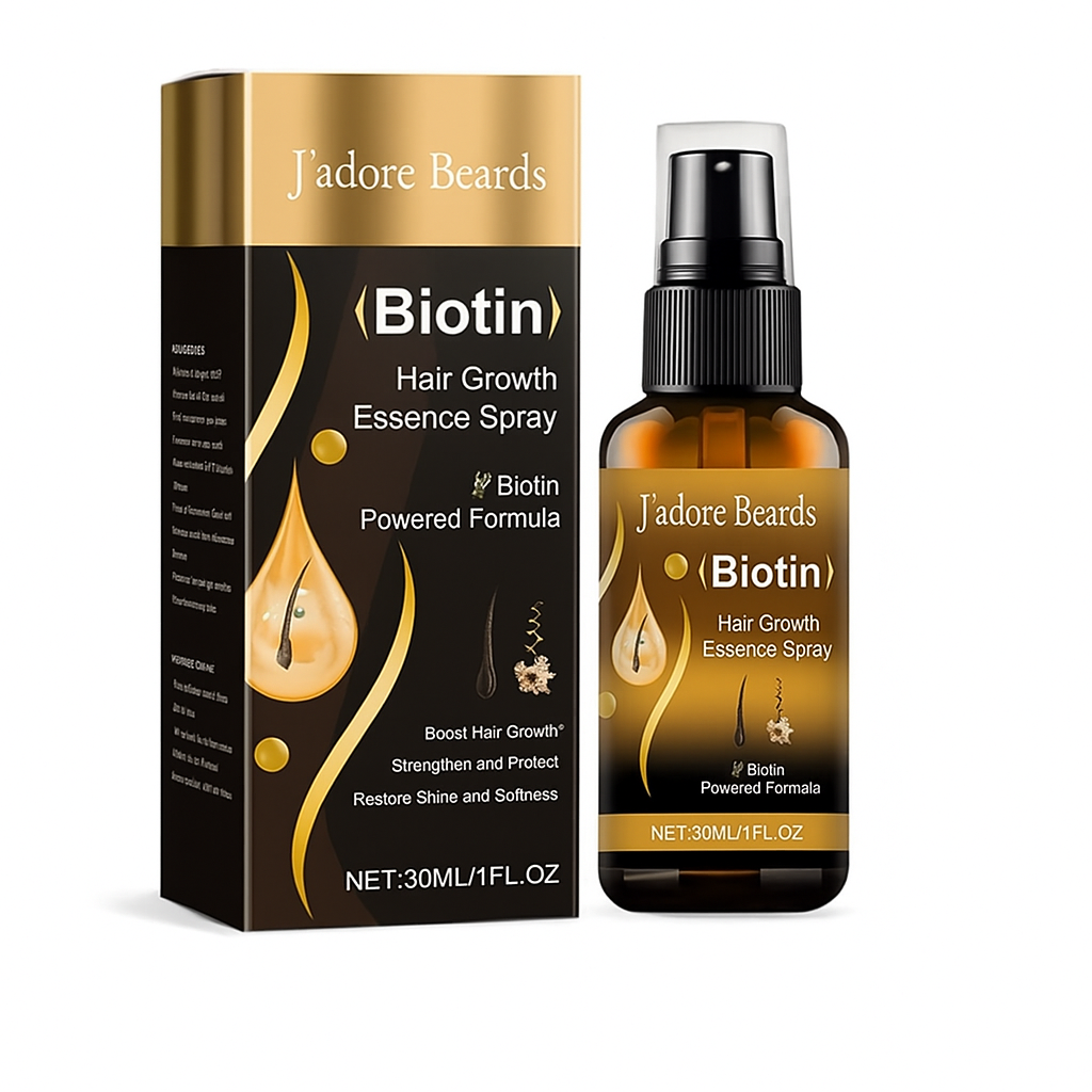 Jadore Beards Biotin Hair Growth Essence Spray packaging and bottle on a white background