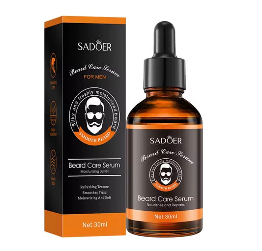 Sadoer beard care serum bottle and packaging on a white background