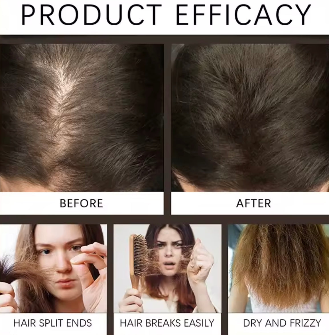 Before and after comparison of hair product efficacy on a person's head.