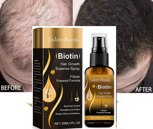 J'adore Beards Biotin Hair Growth Essence Spray packaging with 'Before' and 'After' hair growth comparison.