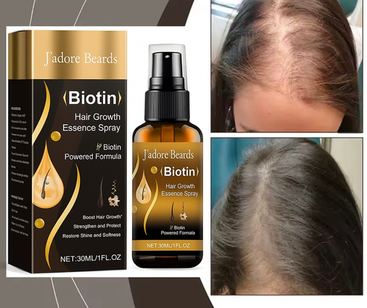 J'adore Beards Biotin hair growth essence spray packaging and bottle with before and after hair images.